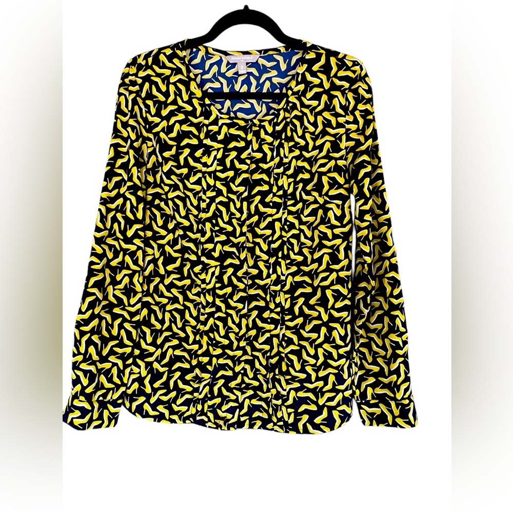 Banana Republic Navy Pleated Blouse with Yellow High Heel Pattern Size S